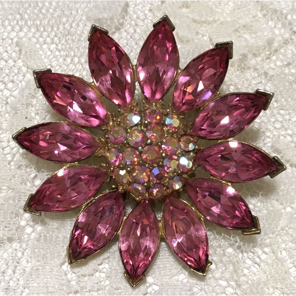 Vintage Pot Metal Brooch Gold Tone Pink Rhinestone Spring Jewelry